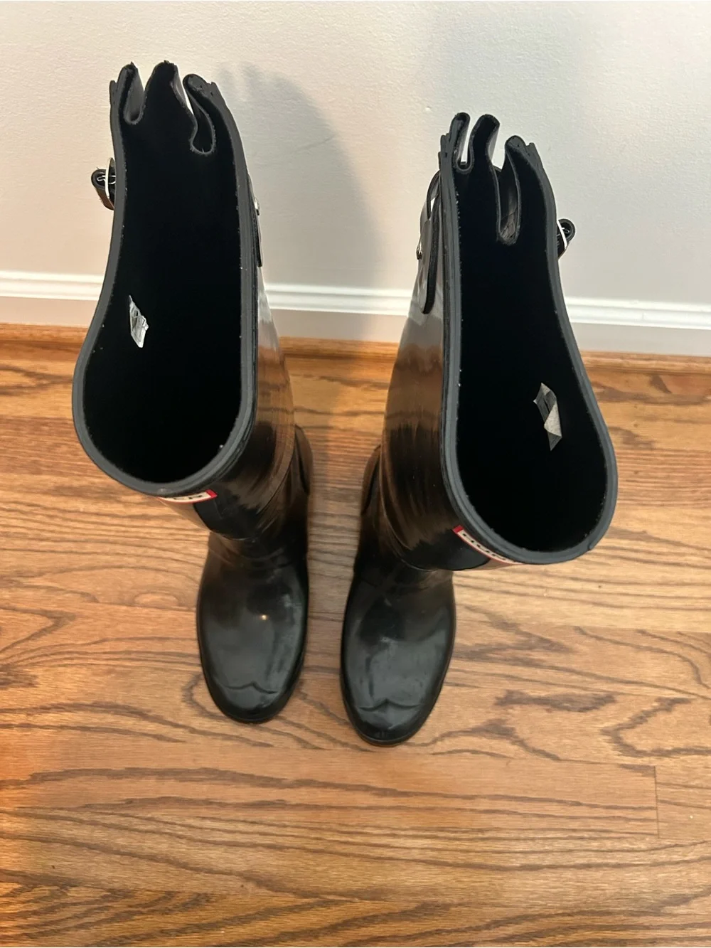 Hunter Glossy Black Tall Rain Boots with Red Logo Trim Adjustable calf